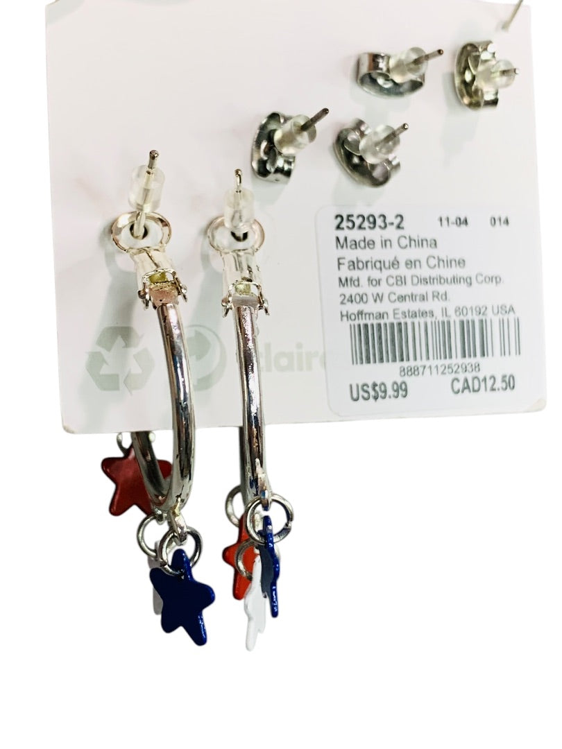 Claires New Set of 3 Pierced USA Patriotic Silvertone Earrings