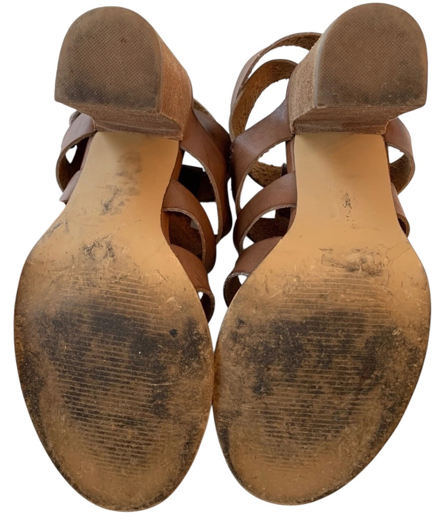 Size 6 Urban Outfiters Womens 4 Inch Block Heel Brown Leather Strappy Sandals