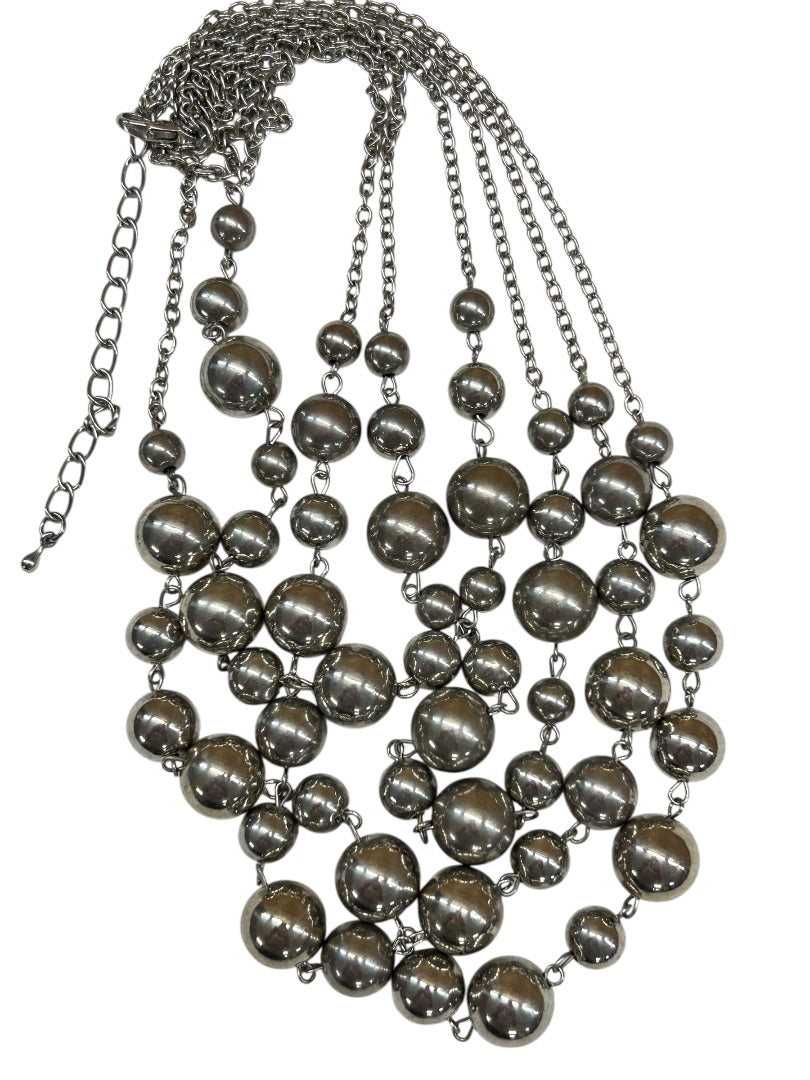 4 Strand Silvertone Beaded Bib Statement Necklace 16 Inch