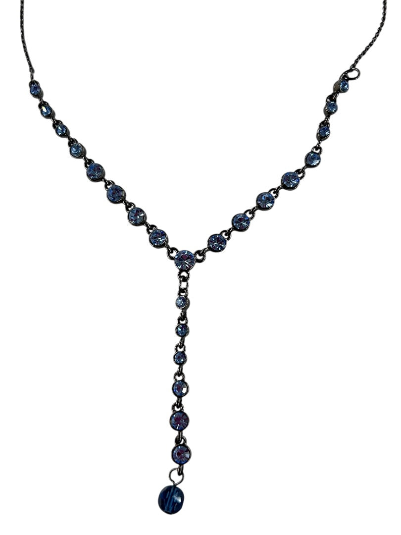 Pewter Color and Blue Crystal Necklace 15 Inch Chain 2" Drop
