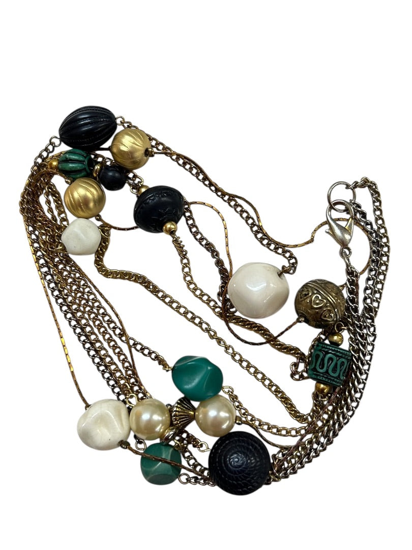 Goldtone Tiered Necklace Green White Black Beads 26 Inch