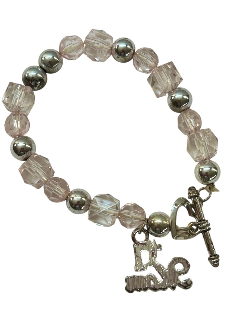 Stretchy Toggle Clasp Bracelet #1 Mom Charm Silver Pink