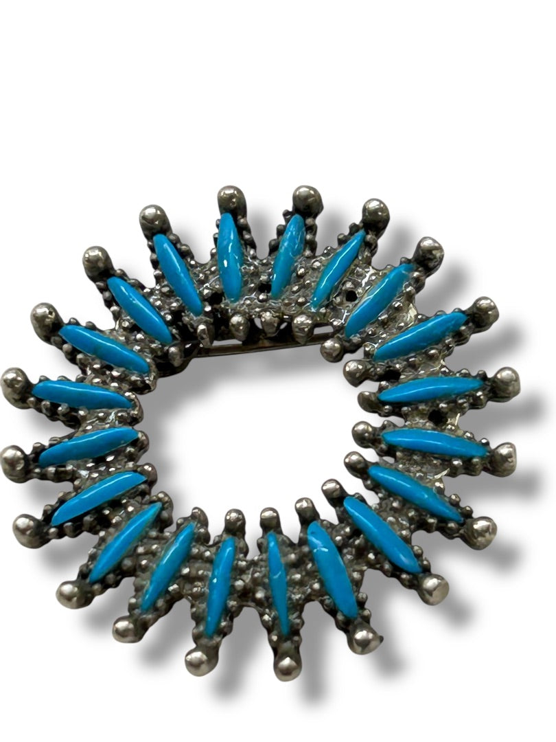 Silvertone and Teal Brooch Pin Circle Pointed 1.25 Inch Diameter