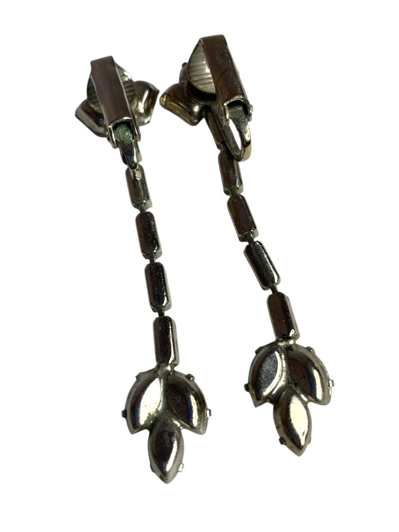 Vintage Rhinestone Clip On Non-Pierced Earrings 2 Inch Drop