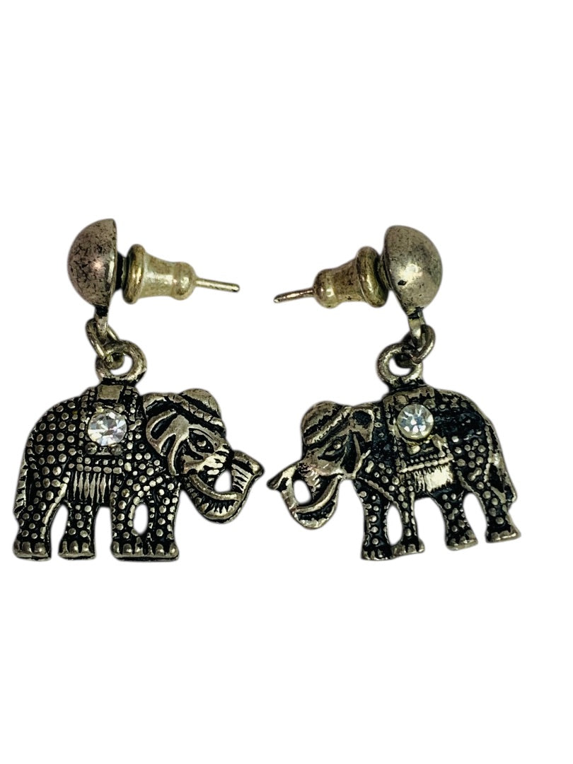 Vintage Silvertone Elephant Post Pierced Earrings 1.25 Inch Drop Trunk Up
