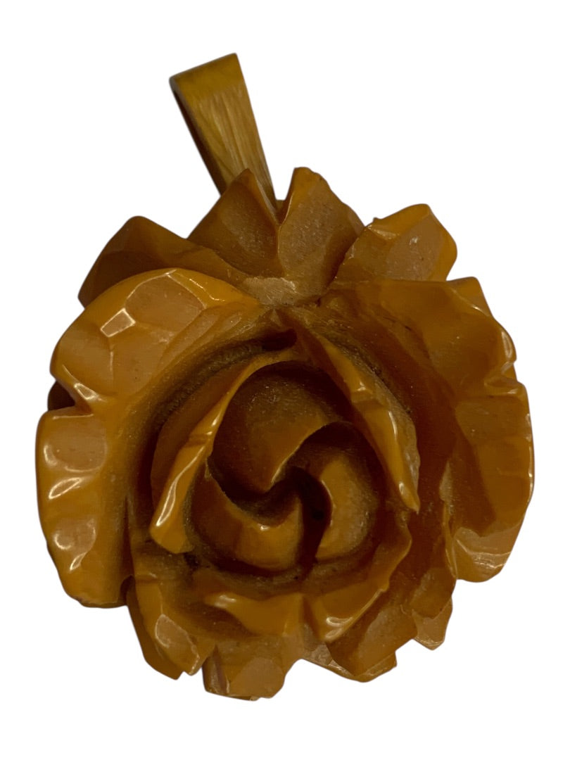 1940s Deeply Carved Butterscotch Rose Pendant 1.5 Inch Drop
