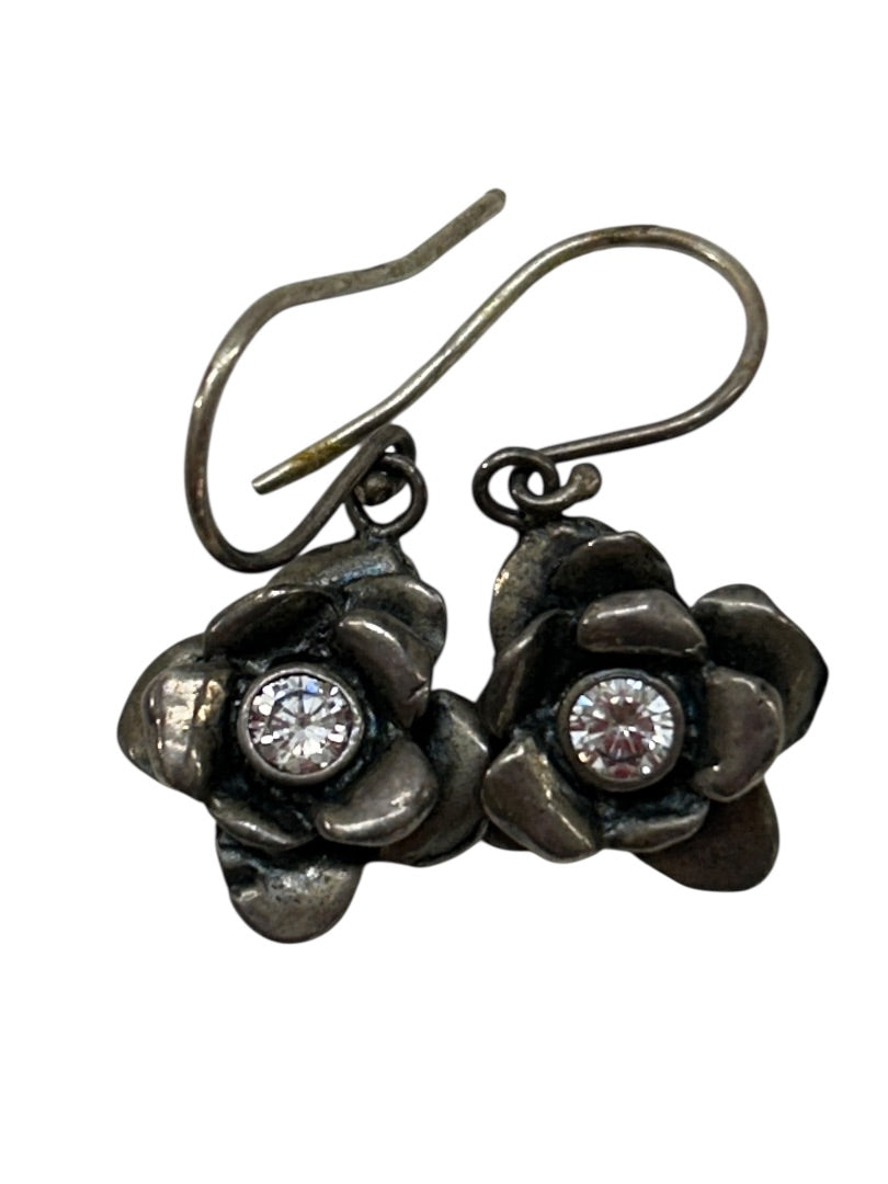 Sterling Silver 925 Fish Hook Pierced Flower Earrings Isreal 1" Drop