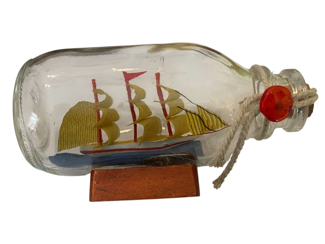 Vintage Ship In the Bottle Small Nautical Model of Tall Sail Ship 4 1/2" x 2 1/2"