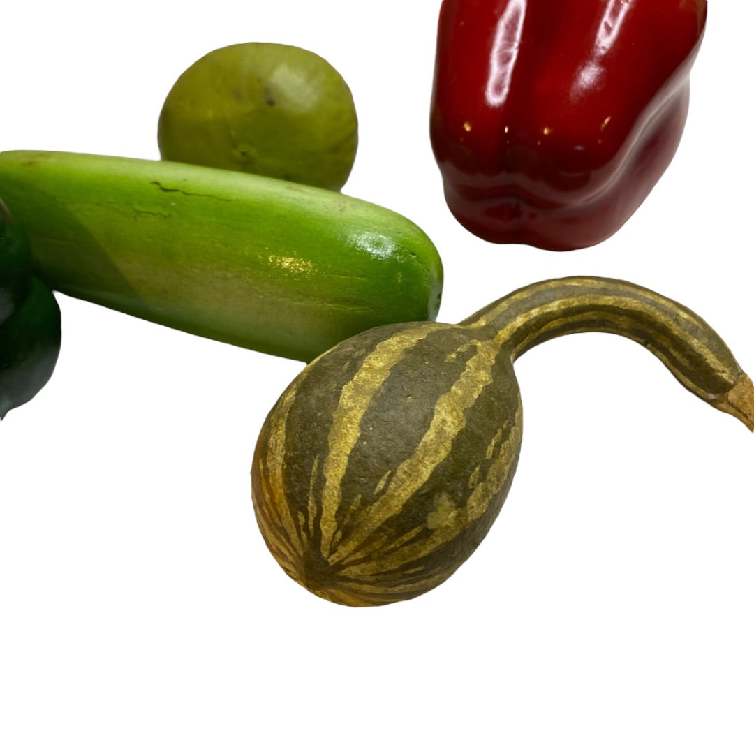 Assorted Lot of 5 Faux Vegetables Plastic Wooden Cucumber Squash Pepper