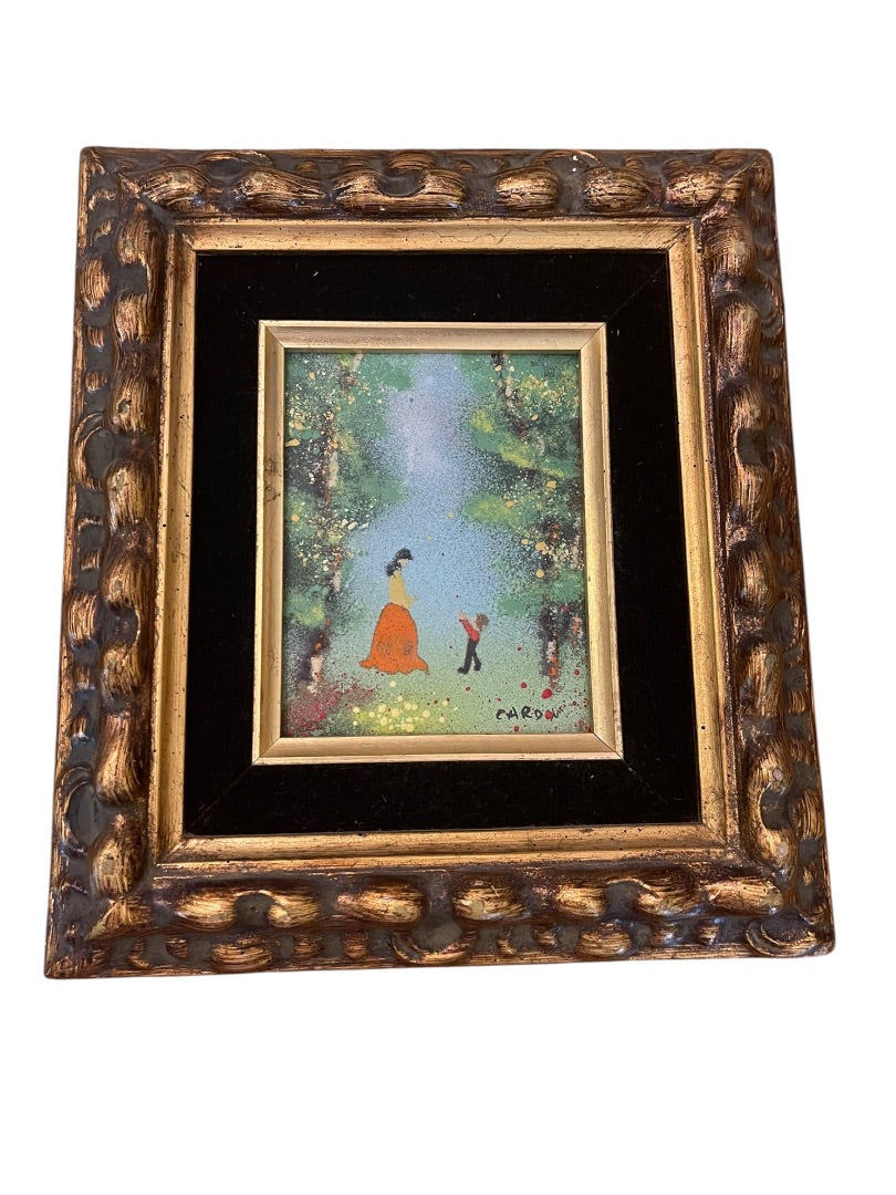 Vintage Louis Cardin Original Enamel on Copper Painting Mother Child 8.5" x 9.5"