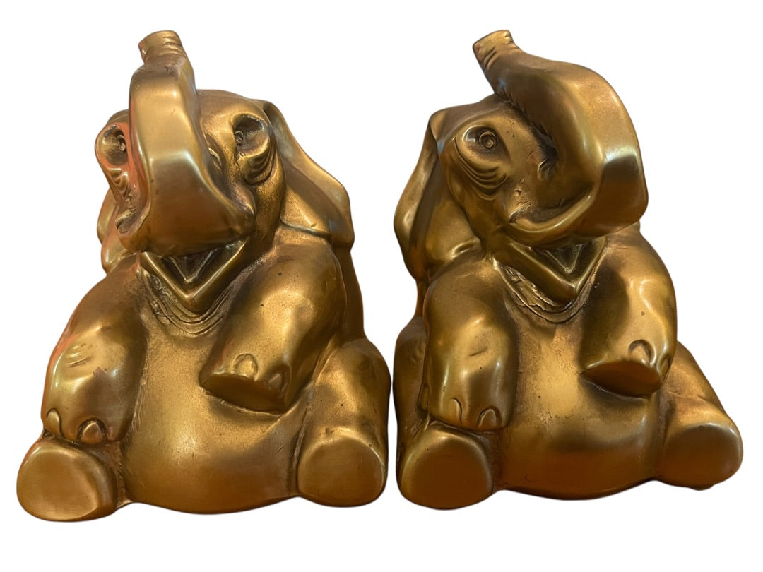 PM Craftsman Trunk Up Elephant Book Ends USA Heavy Goldtone