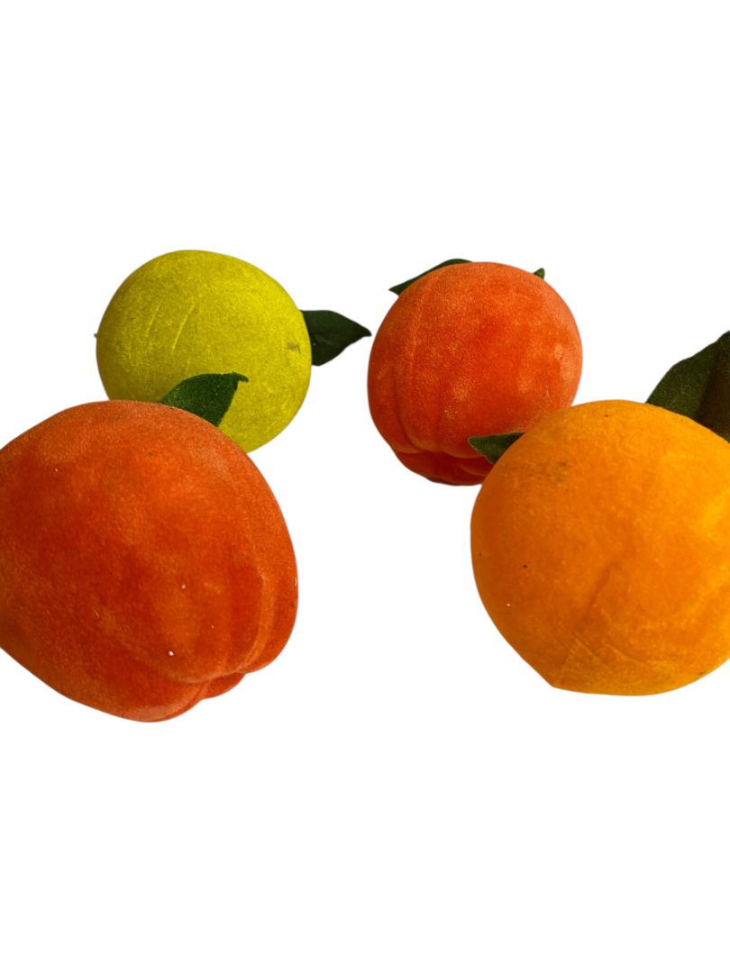Vintage Flocked Velvet Fruit Set of 4 Ornaments Apples Orange 3 Inch