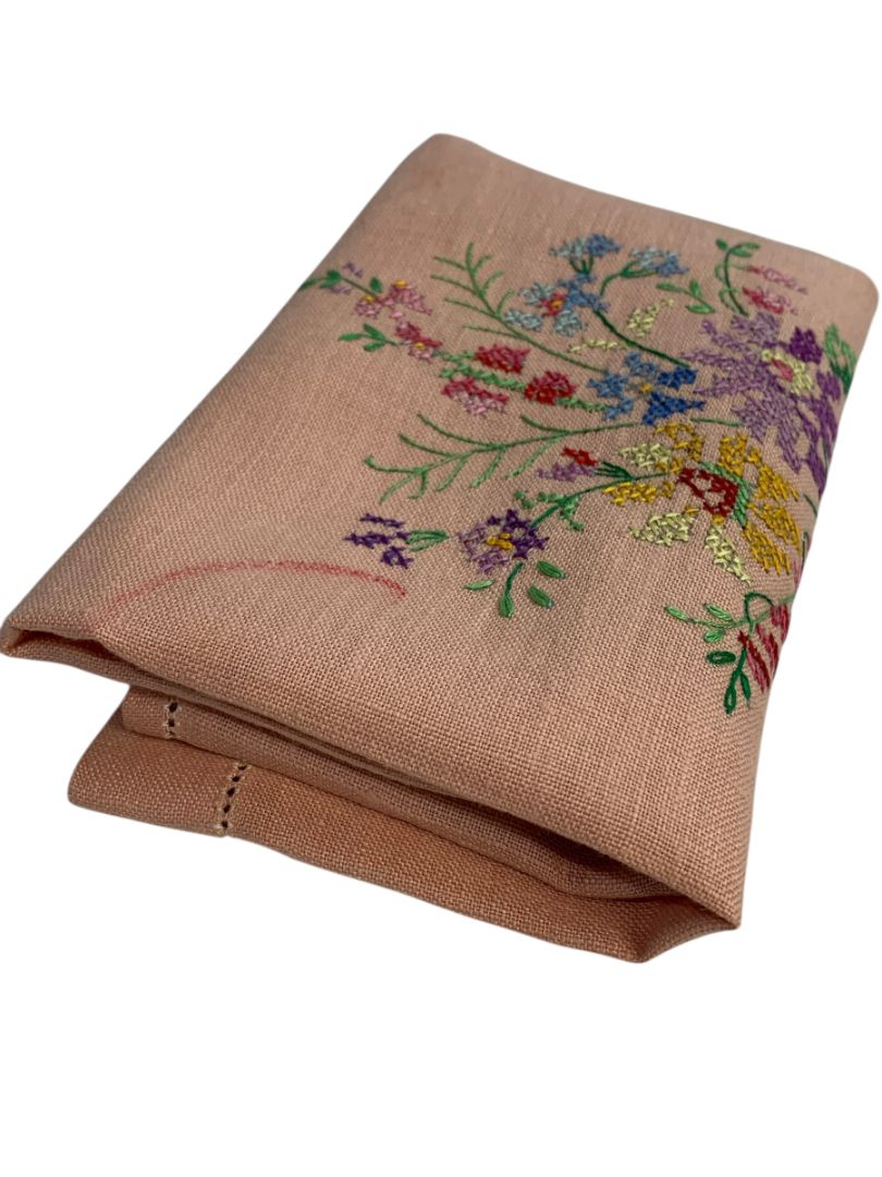 Vintage Pink Linen Cross Stitch Napkin Floral Stain 14" x 19"