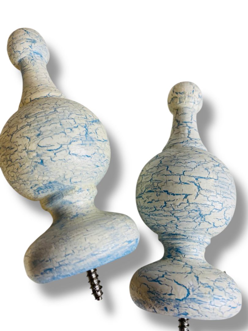 Vintage Wooden Set of 4 Finial Posts White Blue Crackle Paint 4.25" Screw In