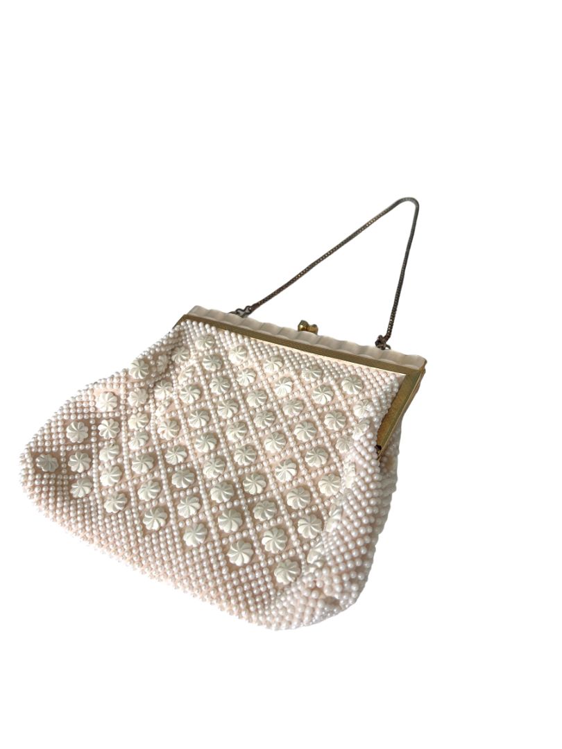 Small White Beaded Evening Bag Gold Chain And Kisslock Purse Handbag Vintage