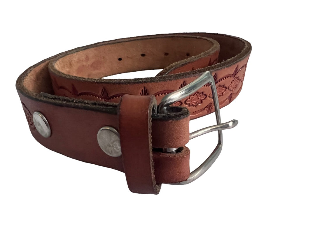 30 Hand Tooled Leather Western Belt Brown Cowboy Anchor Stamped Silver To e Metal Buckle