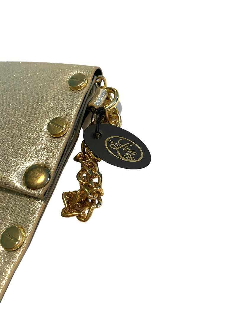 Gold Metallic Slim Crossbody Studded Chain Strap Purse New Designs By Liza Kim