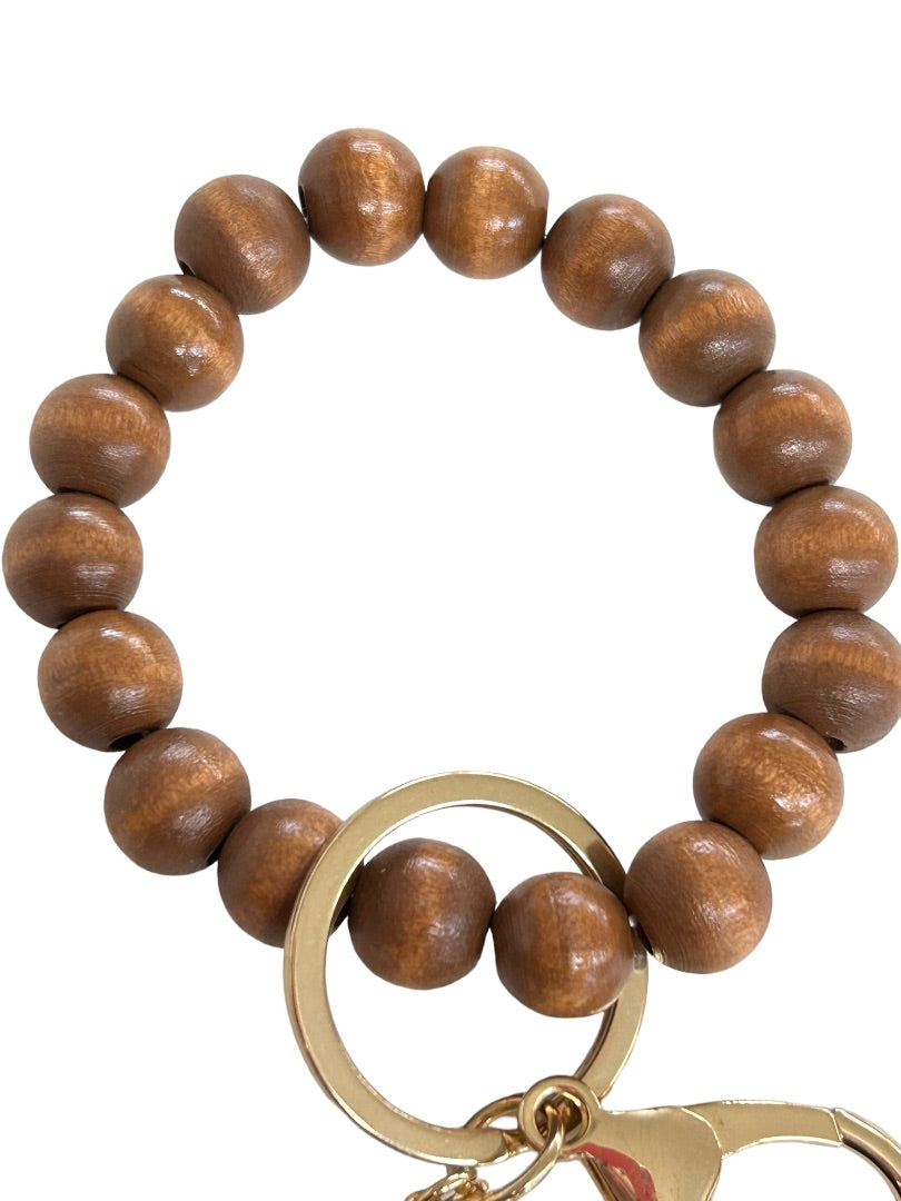 Wooden Bead Stretch Tassel Bracelet with Keychain Key Ring