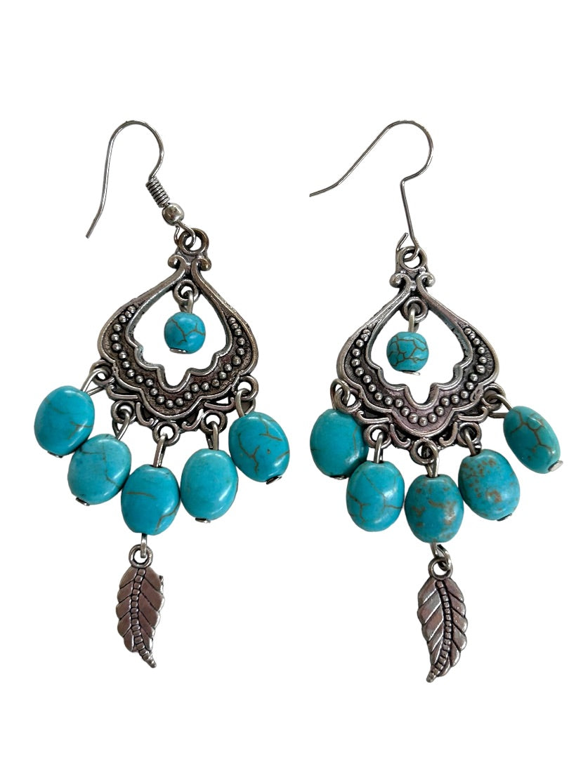 Turquoise Color Earrings Pierced Hook Silvertone 3" Drop Dangle