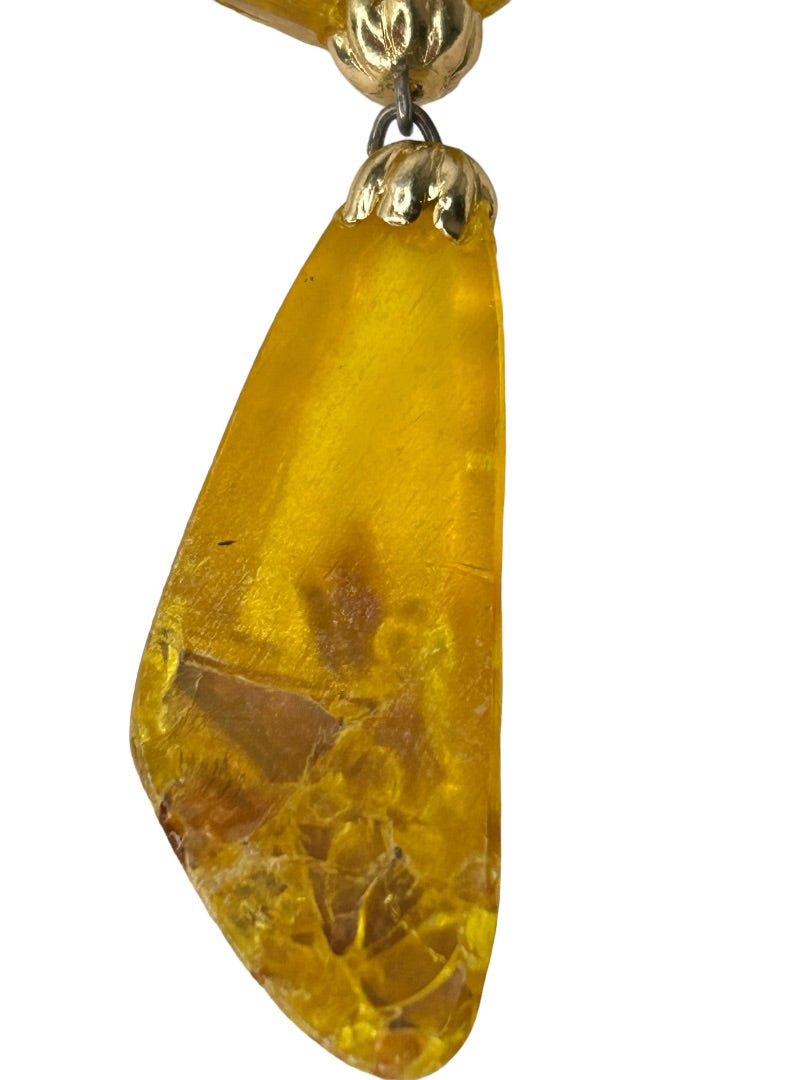 Vintage Yellow Faux Amber Resin Art Deco Style Brooch Pink 2.5" Drop