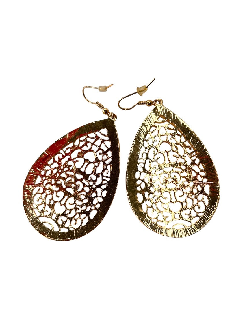 Goldtone Filigree Cutout Earrings Teardrop Shape Pierced Hook 2.25" Drop Dangle