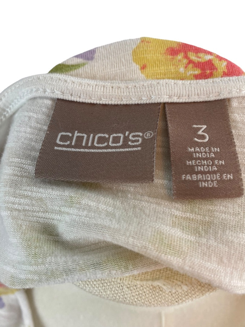XL Chico's Women's Floral Print Tie Side Hem Tshirt Short Sleeve Scoop Neck