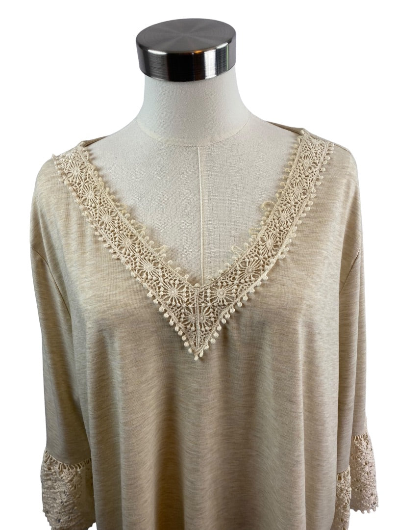 2X Ruby Rd Women's Oatmeal V-Neck Crochet Trim Pullover Top Shirt