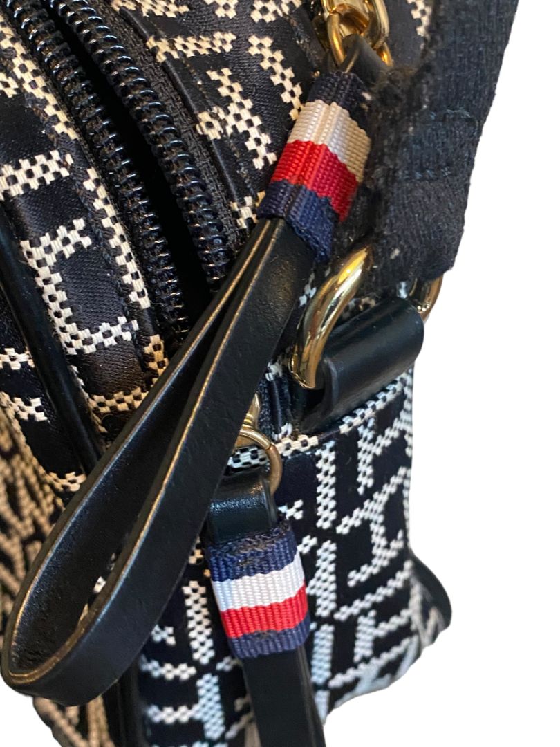 Tommy Hilfiger Crossbody Monogram Dual Zip Pocket Shoulder Bag Black White