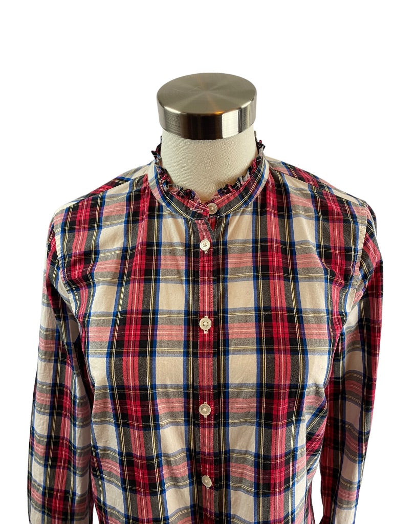 XS J.Crew Womens Plaid Button Up Ruffle Collar Blouse Stretch Cotton