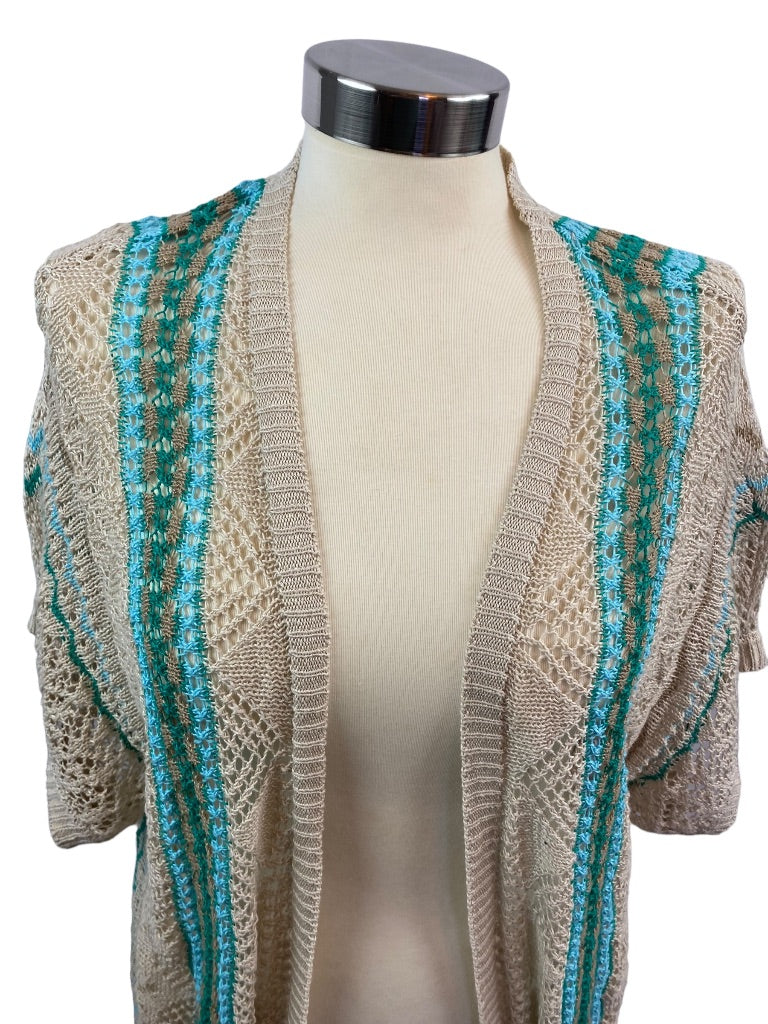 Small Chico's Women's Summer Linen Boho Fringed Loose Knit Cardigan Sweater