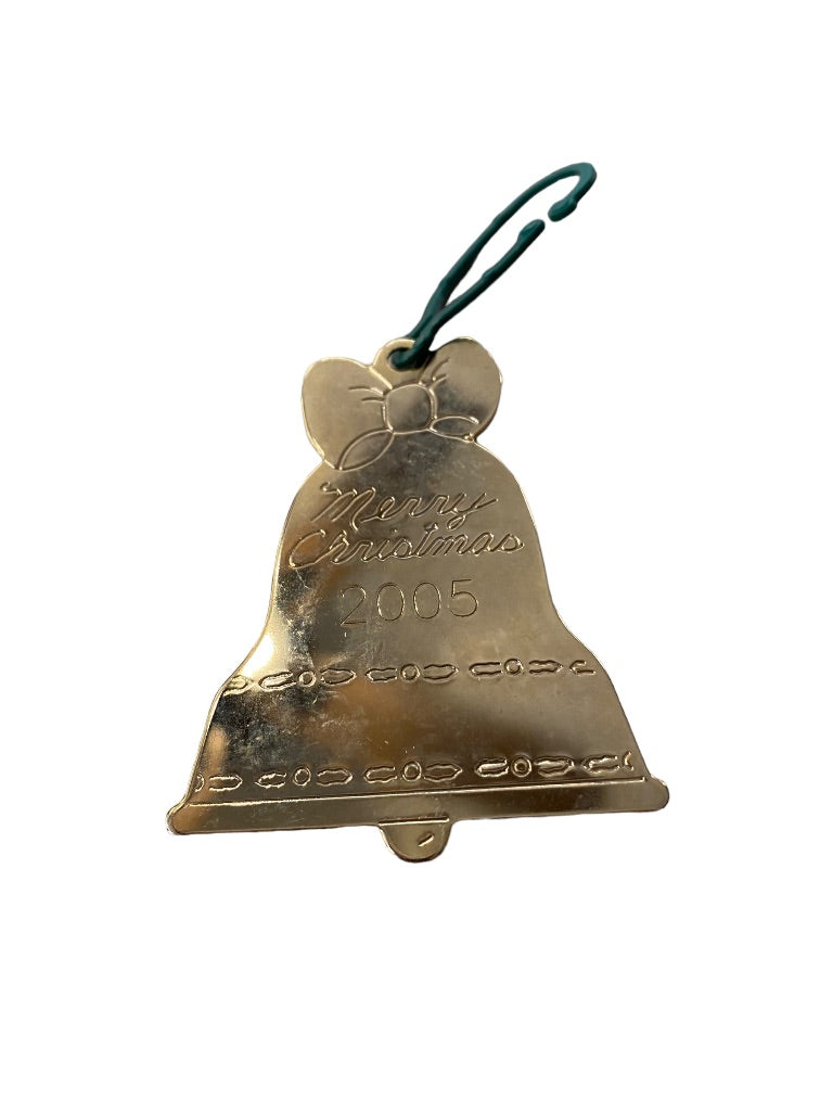 2005 Holiday Christmas Bell Ornament Duchin Made in USA 2.5"h Goldtone Flat
