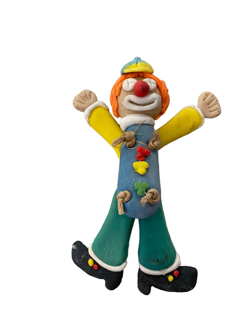 Handmade Clay Clown Articulated Magnet 5" Blue Green Yellow with Cap