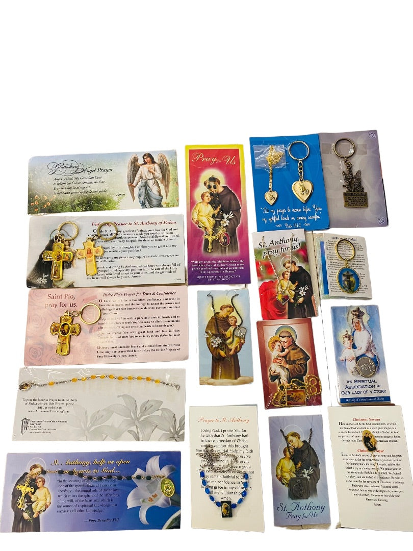 Lot of 16 Assorted Catholic Christian Prayers Cards Jewelry Saints Key Chain Cross Vintage