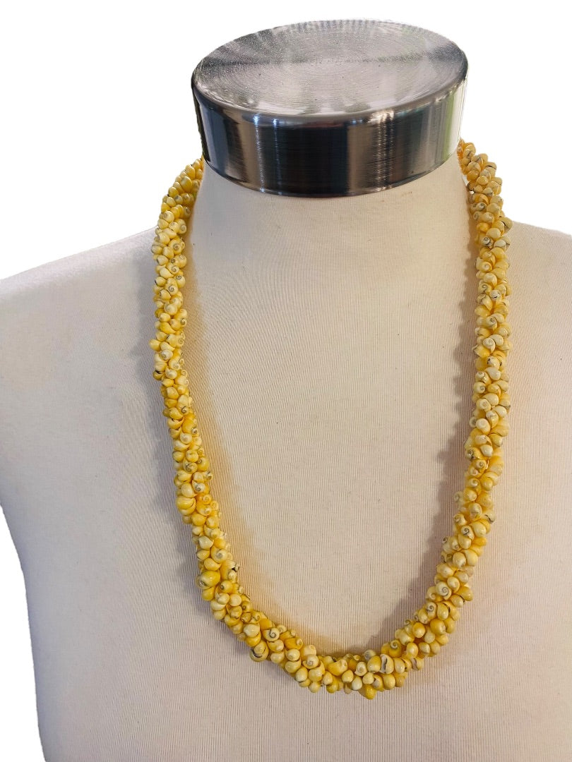Yellow Cluster Shell Necklace Ribbon Tie Vintage 25" Twist Strand