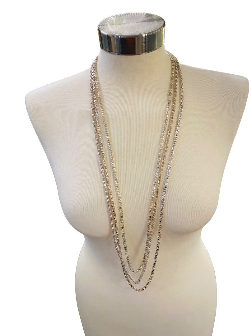 Triple Strand Draped 36" Necklace Silvertone Lightweight Sparkly