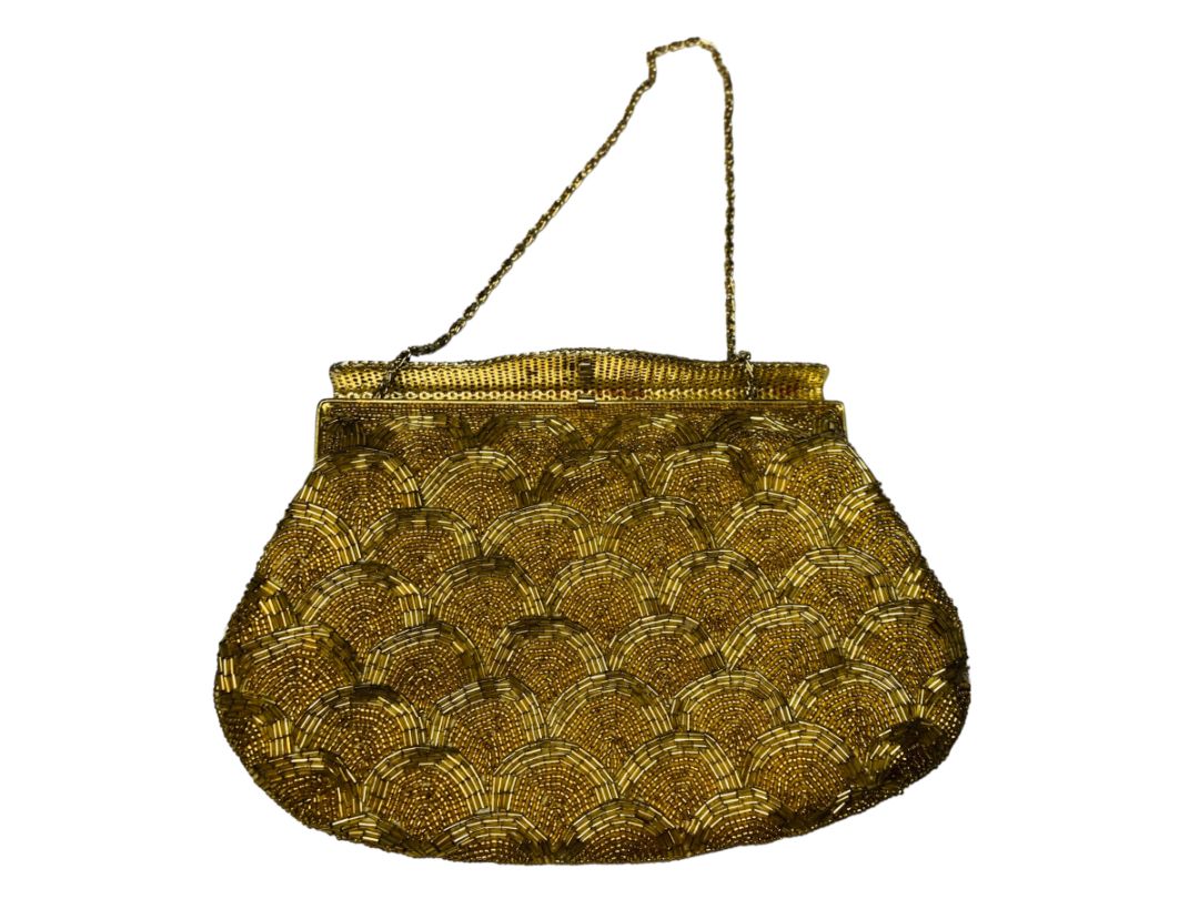 Goldtone Beaded Handbag Convertible Clutch with Chain Strap Evening Bag