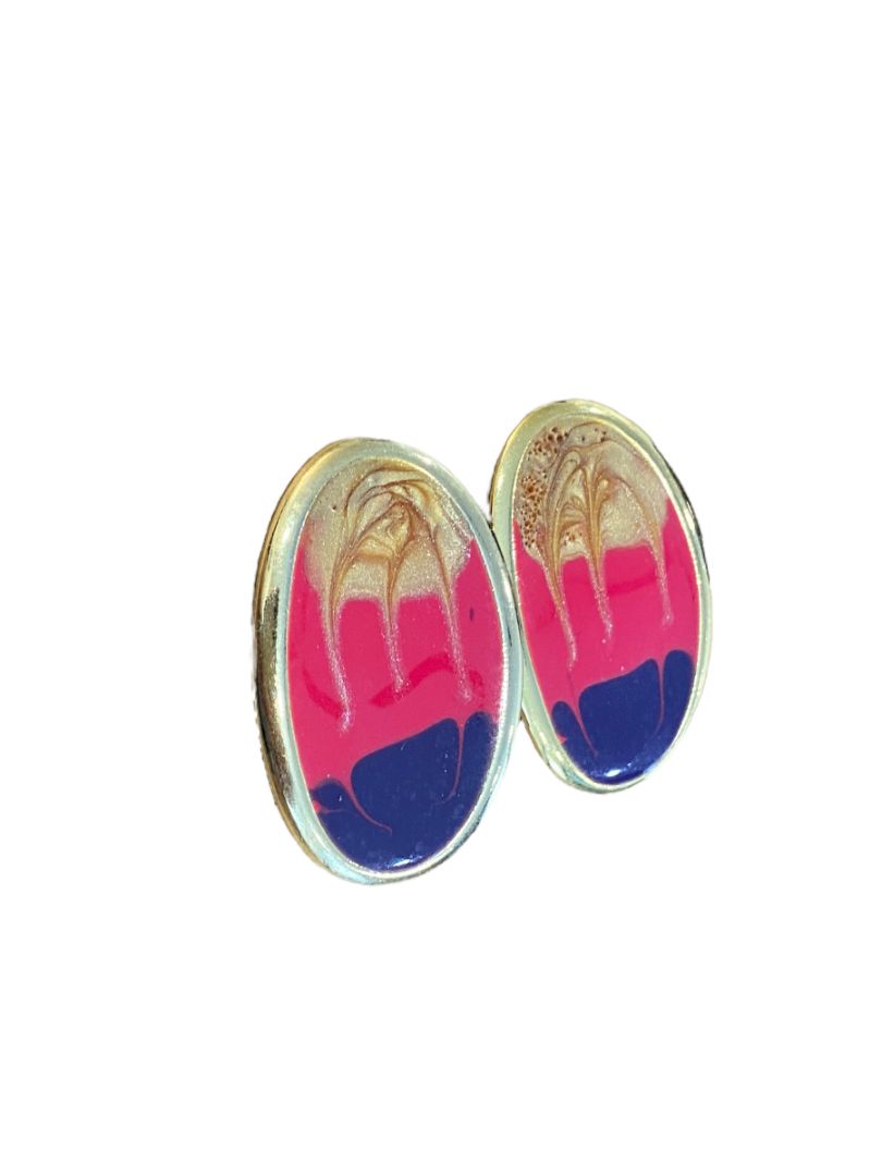 80's Gold Tone Retro Oval Enamel Pink Purple Pierced Post Earrings