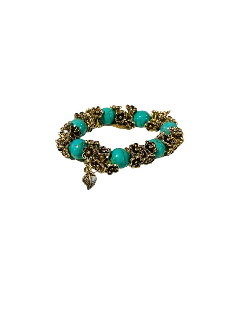 Silvertone and Faux Turquoise Beaded Stretch Bracelet Feather Charms