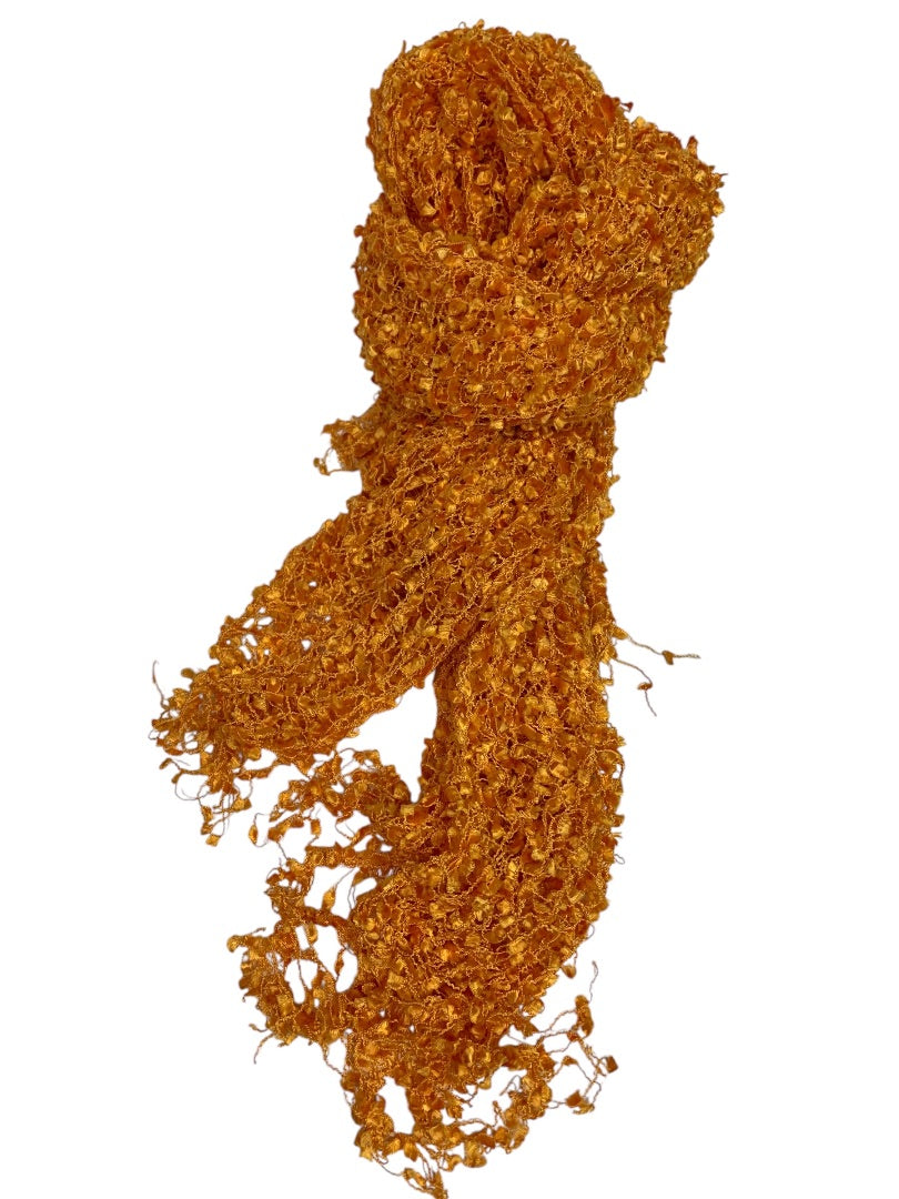 Womens Orange Knitted Ribbon Scarf Fringed 64x17 Inches
