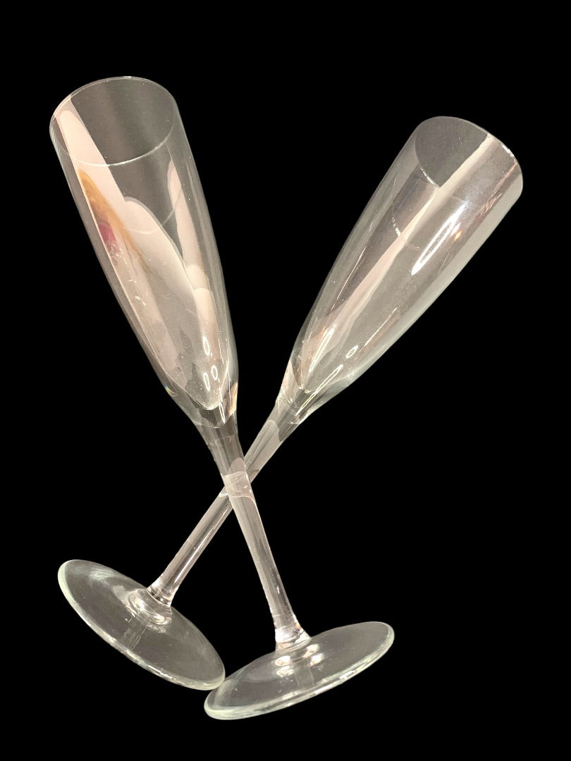 Set of 2 Vintage Clear Glass Champagne Flutes Glasses Pair 9.25 Inches