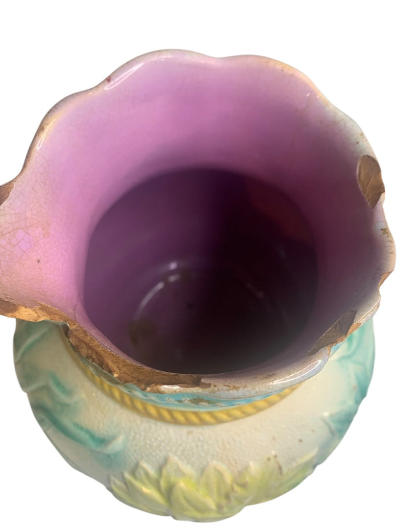 Samuel Lear Majolica Pitcher Water Pond Lily Rope Antique Victorian Chips