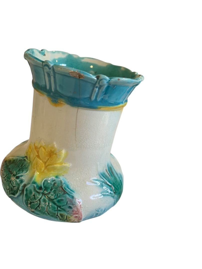 Antique Majolica Lily Pond Pitcher Pottery 5 Inch Vibrant Color