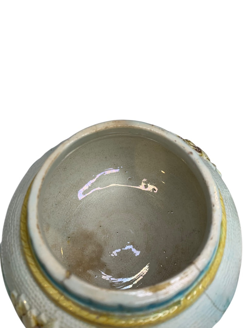 Antique Majolica Lily Pond Lidded Jar Blue Yellow Flower