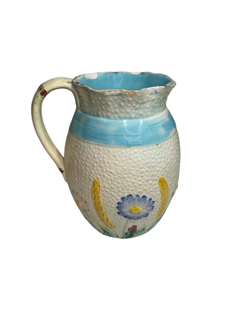 Antique Simon Fielding Majolica Pitcher Pottery Wildflower Blue Bow 6 Inch