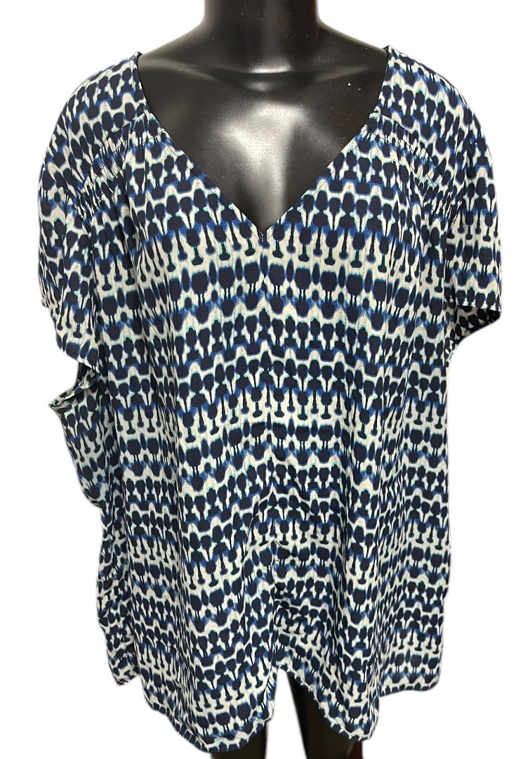Size 24W Sejour Capsleeve V-Neck Womens Geometric Patterned Shirt Blouse Blue
