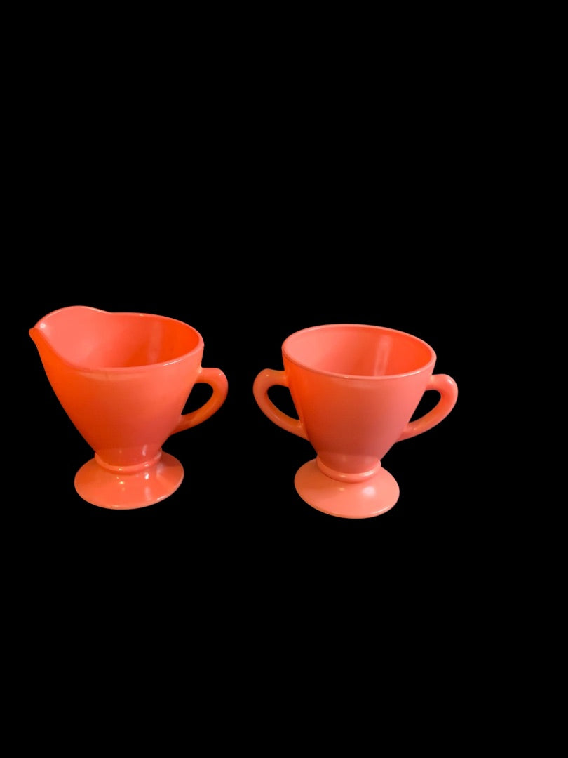 1930s Hazel Atlas Ovide Coral Creamer and Sugar Set Depression Glass