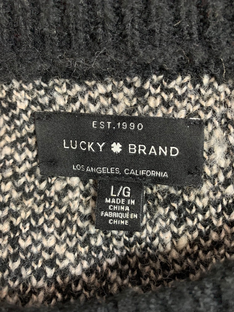Large Lucky Brand Womens Wool Blend Sweater Buffalo Plaid Gray Black