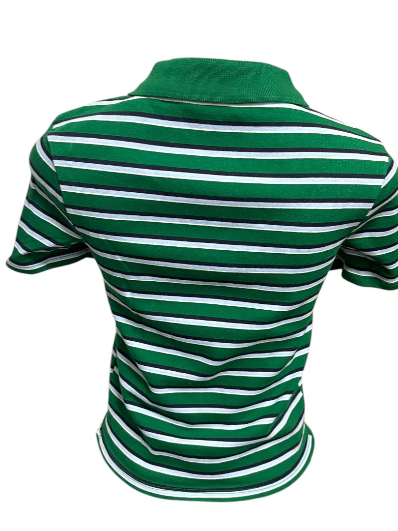 Medium Zara Womens Fitted Waist Length Striped Polo Shirt Green