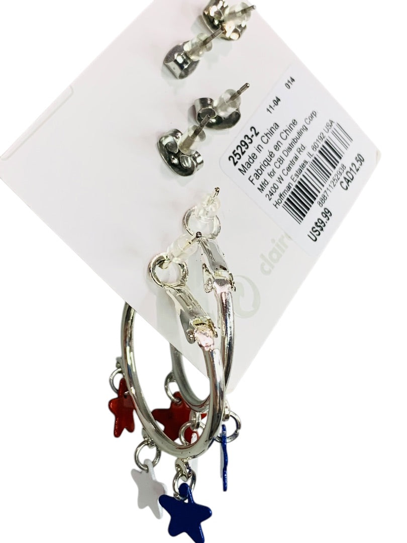 Claires New Set of 3 Pierced USA Patriotic Silvertone Earrings