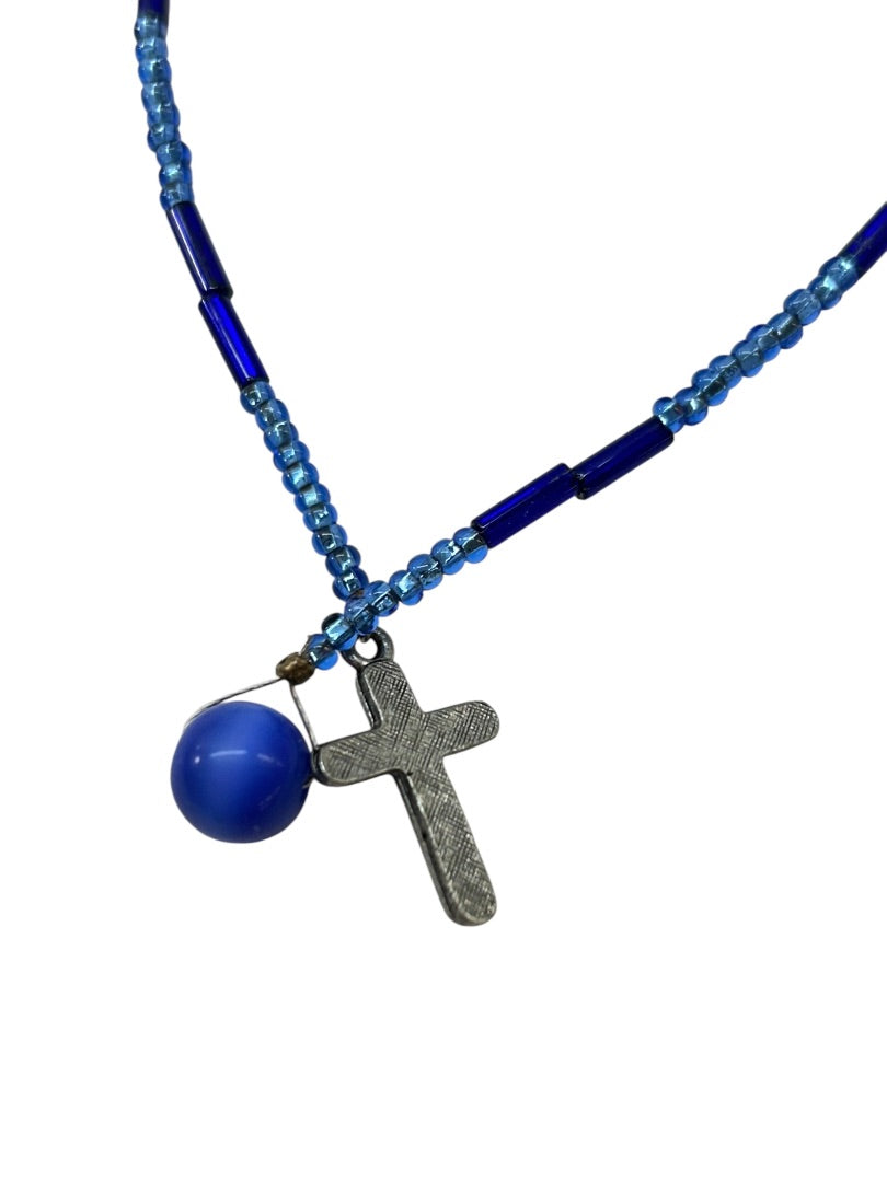 Beaded Blue Silvertone Cross Book Marker Bible 9.5 Inch